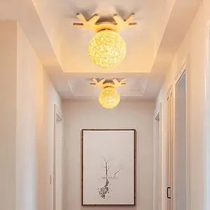 Nordic Hallway Glass Ceiling Lighting Cloakroom Balcony Children's Room Creative Solid Wood Antler Led Rattan Ball Ceiling Lamp