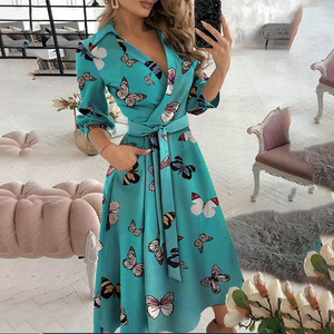 Nuovo Abito da Donna alla Moda <span class=keywords><strong>con</strong></span> Maniche Lunghe, Scollo a V, Stampa e Vestibilità Aderente, Abito Camicia <span class=keywords><strong>con</strong></span> Risvolto di Alta Qualità - Product Image 2