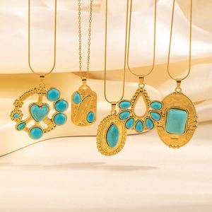 Collar De Acero Inoxidable Stainless Steel Blue Turquoise Heart <b>Titanium</b> Steel Necklace Lace Round Snake Clavicle <b>Chain</b> Necklace - Product Image 1