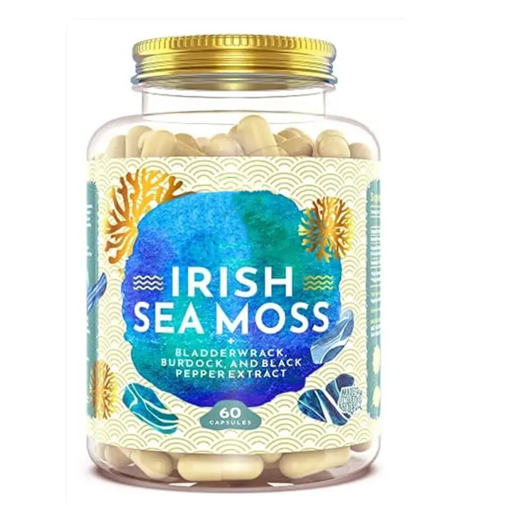 Cápsulas de musgo do mar irlandês oem/mm, pó inspirado em pílulas de seamoss orgânico da raiz da bardana 4 em 1 w/bladderwrack