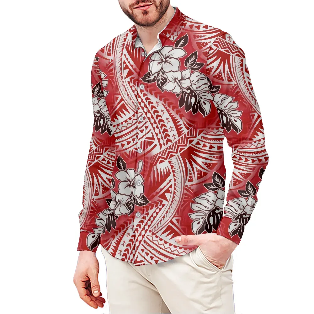 Cheap Price Men's Polynesian Tribal Buttons Long-Sleeve Shirt Oversize 6XL Plumeria Sublimation Print Pink Quality Shirt