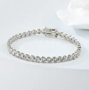 Hip Hop Icy Jewelry Iced Out Diamond Heart Tennis Chain Bracelet Bling Luxury Cubic Zirconia Heart Link Bracelet For Women