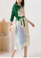 Robe décontractée longue en mousseline unie Miyake 2023, coupe trapèze, grande taille, manches longues pour femme, vêtement de fête tendance avec ceinture