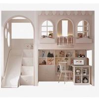 Lit superposé pour enfants sur le thème de la maison de poupées JS FURNITURE avec toboggan et bureau d'étude, ensemble de lit pour enfants en bois blanc