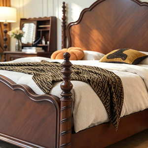 Base de Cama Tradicional de Madera Tamaño Queen con Acabado en Caoba y Postes Tallados - Product Image 3