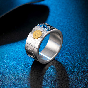 Japanese Korean Trendy Retro <b>Titanium</b> Steel Wide Face <b>Ring</b> With Arabesque Pattern And Gold Inlay Unisex Gift Jewelry - Product Image 4