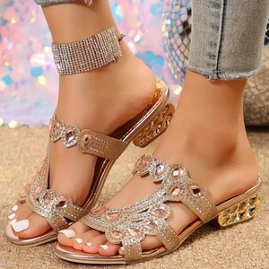 Square Head Shallow Mouth Chunky High Heels Flip-flops Female Wearing Temperament Rhinestone <b>Sandals</b> - Product Image 1