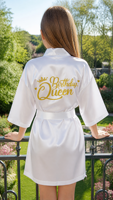 Robe de chambre en satin respirant pour femme, style kimono court, pour anniversaire, automne-printemps, costume de fête et séance photo, avec lettres dorées scintillantes