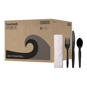 Kit de couverts en papier et plastique quatre pièces Boardwalk, noir, fourchette/couteau/serviette/cuillère à café, 250/carton - Product Image 1