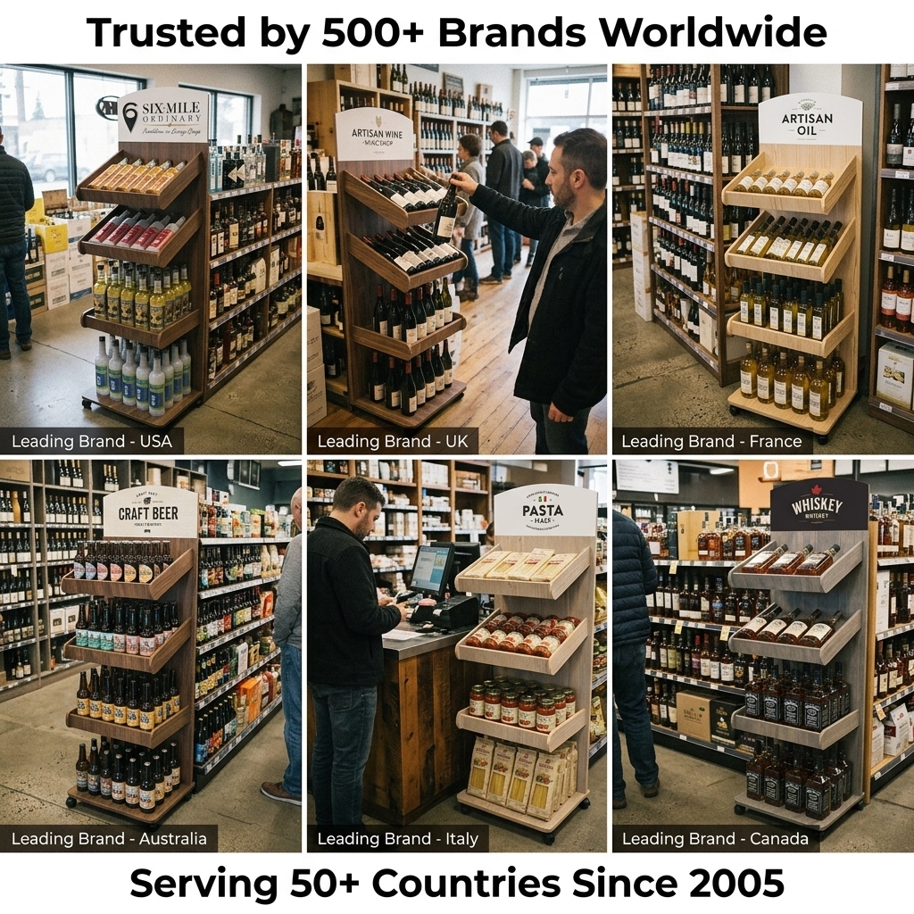Wholesale Custom Wooden Beverage Display Stand Wine Syrups Liquor Bottle Display Rack Retail Shop Shelf with Branding Header ODM — view 6