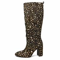 Bottes pour femmes en cuir véritable à pois noirs et or vintage, à talon épais, hauteur genou, avec fermeture éclair latérale, confortables