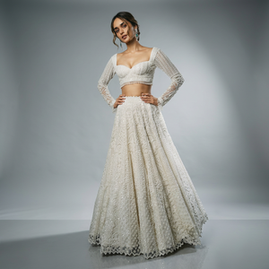 White Net Embroidered Lehenga Choli <b>Wedding</b> Dress Long Sleeve Crop <b>Top</b> A-line Maxi Dress Bride Party Wear - Product Image 1