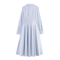 Robe chemise midi décontractée à manches longues pour femme, imprimé rayé bleu, col rabattu, boutonnée