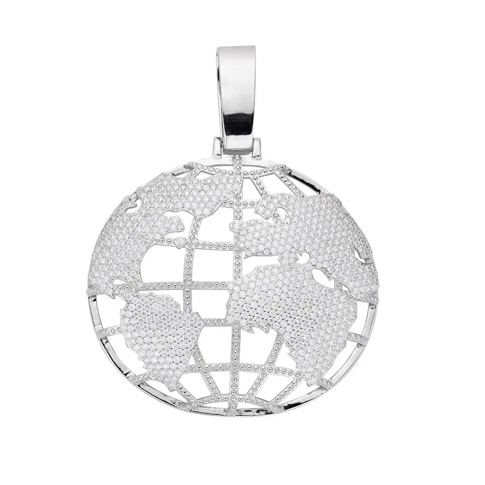Più economico Hip Hop personalizzato 925 in argento Sterling pieno zircone con diamante rotondo cavo mappa del mondo ciondolo per Rapper
