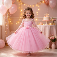 Robe de cérémonie longue en tulle pour enfants, à manches longues et dentelle, pour anniversaire, concours de beauté, mariage, demoiselle d'honneur et fête