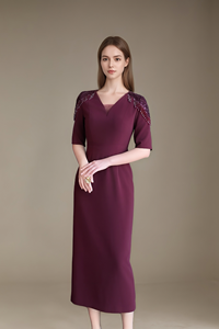 Abito Midi Elegante 6XL di Alta Qualità con Scollo a V e Spalle Decorate con Perline, Vestito Formale da Festa con Mezza Manica, Abito da <span class=keywords><strong>Sera</strong></span> Aderente per <span class=keywords><strong>Madre</strong></span> della Sposa - Product Image 2