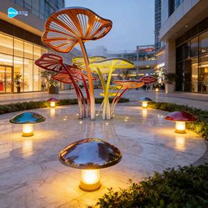 磨かれたカラフルなステンレス製のキノコの木の彫刻セット、屋外商業広場やテーマパークの装飾に - Product Image 1
