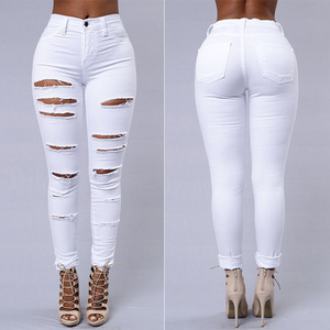 New Style Fashionable Women's <b>Jeans</b> Stretch Solid Color Ripped Skinny Pencil Pants Summer Pants Thin Mid-rise Pants - Product Image 3