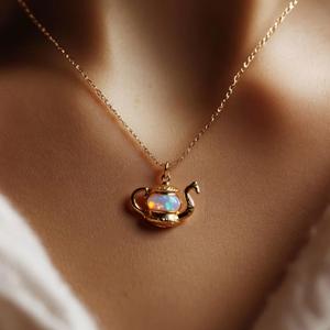 Aobao 天然石ペンダントネックレス アラジン魔法のランプ 欧米風ヴィンテージジュエリー 光るティーポットビーズ 銅ネックレス - Product Image 3