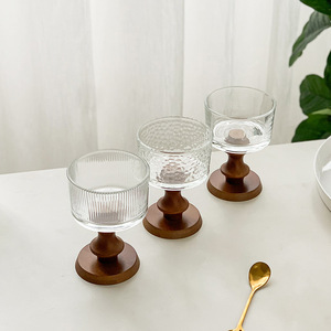 Tigelas de Sobremesa de Vidro 200ml Vintage com Pé para Sorvete, Trifle, Pudim e Smoothie, com Suporte de Madeira Estável - Product Image 1