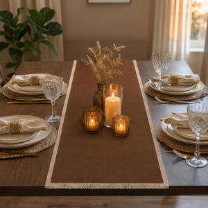 Camino de Mesa de Algodón Marrón Premium con Bordes de Flecos Naturales |   Decoración Rústica para Mesa de Comedor y Textiles para el Hogar - Product Image 1