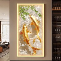 Décoration d'entrée : Lumières LED Poisson Koi, Feuille de Ginkgo de Luxe, Nature Morte en Verre, Peinture en Porcelaine Cristalline, Art Mural Poisson en Verre