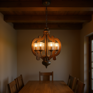 6 Light Farmhouse Wood Pendant Chandelier Adjustable Chain Oval Shape For Dining Room Living Room Entryway Brown Finish - Product Image 2