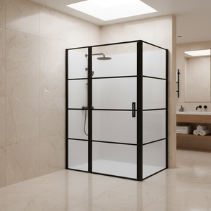 Porte de <span class=keywords><strong>douche</strong></span> pivotante moderne en verre trempé de 6 mm, <span class=keywords><strong>profilé</strong></span> en aluminium <span class=keywords><strong>noir</strong></span> pas cher, carré rectangulaire à 3 côtés, pour salle de bain d'hôtel - Product Image 2