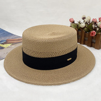 Chapeau de paille Panama pour femme, d'été, de plage, anti-UV, rayé, réglable, imprimé sérigraphié, à calotte plate ajourée, tressé, pour fête et extérieur