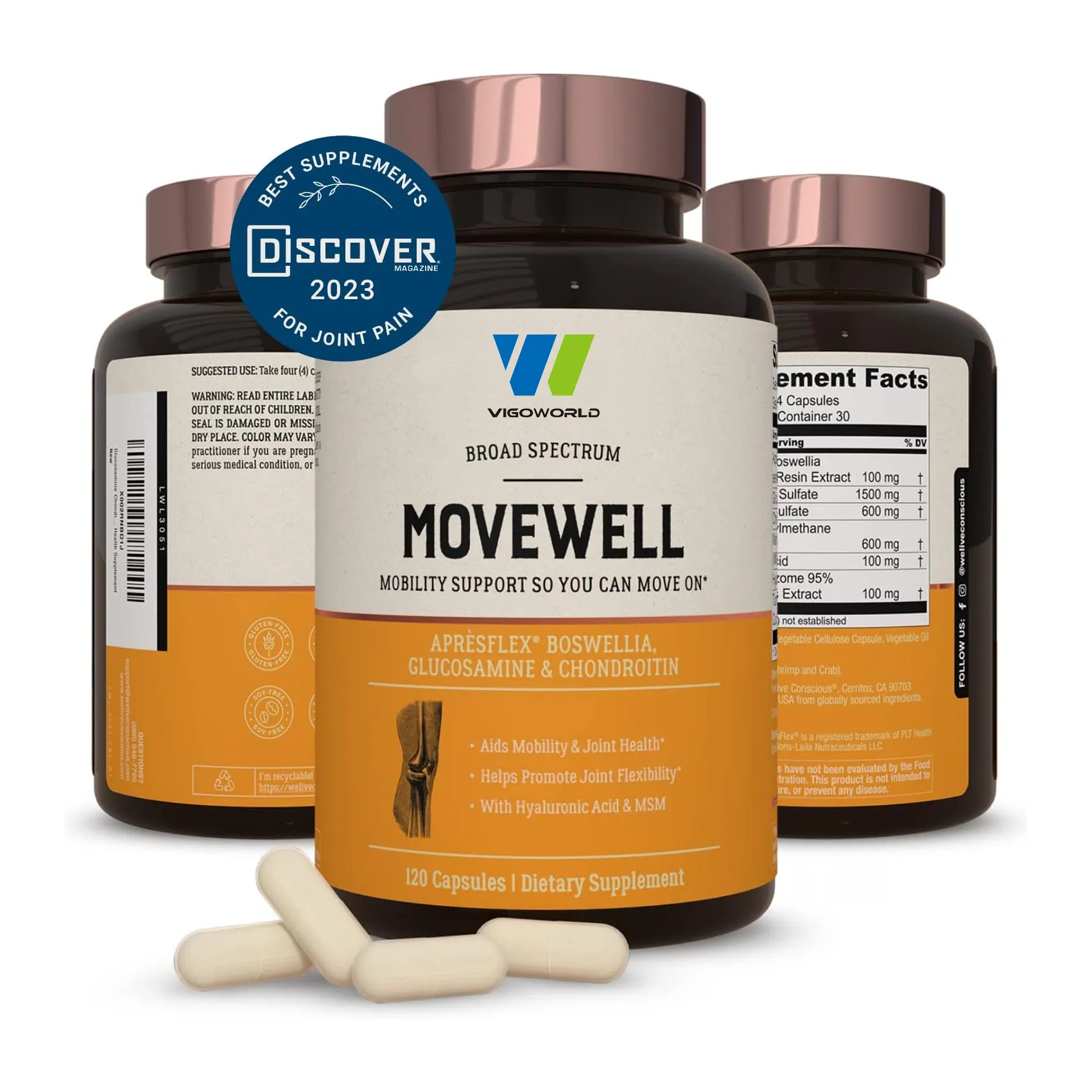 مكملات عشبية عضوية من LiveWell MoveWell كبسولات غلوكوزامين الكوندرويتين مع حمض الهيالورونيك MSM لصحة المفاصل من LiveWell