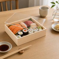 Boîte à sushi en bois massif naturel, style japonais, plateau d'emballage pour sashimi avec couvercle en acrylique pour les plats à emporter de fruits de mer