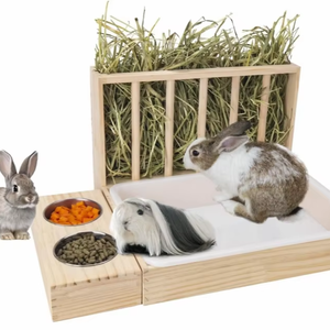 Râtelier à foin pour petits animaux Mangeoire à foin en bois pour lapin avec bac à litière Mangeoire pour cochon d'inde écologique Bols arrondis pour toilettes - Product Image 1