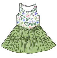 Robe d'été pour enfants, robe à volants sans manches à fleurs vertes, robe évasée pour filles, robe douce et confortable pour tous les jours