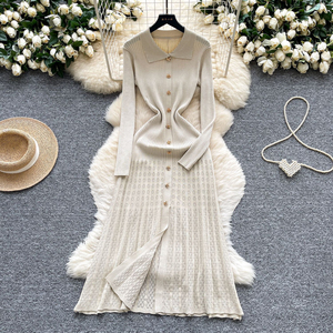 Vestido <span class=keywords><strong>de</strong></span> Verano Estilo Francés, Cuello <span class=keywords><strong>de</strong></span> Muñeca, Cierre <span class=keywords><strong>de</strong></span> Botón, Color Sólido, Maxi, Tejido, Cintura Imperio, Vintage, Ajustado - Product Image 3