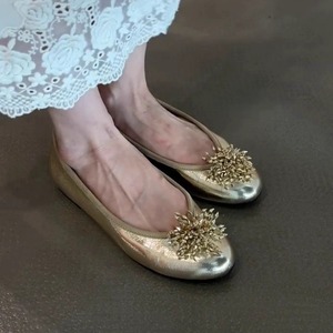 Zapatos Planos de Mujer, Tipo Bailarinas, de Cuero Sintético Dorado, Punta Redonda, Decoración Floral, Sin Cordones, Color Sólido, Cómodos para Todas las Temporadas - Product Image 1