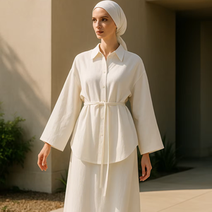 Conjunto de Dos Piezas de Rayón para Mujer Musulmana Modesta YXO019, Diseño ODM, Blazer Drapeado y Pantalones Anchos, Ropa Islámica, Combinación de Chifón - Product Image 1