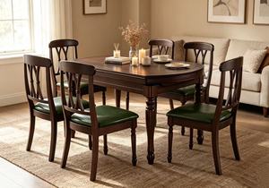 Vintage <b>Extendable</b> Dark <b>Wood</b> <b>Dining</b> <b>Table</b> Set, 6 Seater with Green Leather Chairs - Product Image 5