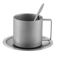 Ensemble de trois pièces personnalisé en acier inoxydable double couche, comprenant tasses à thé, soucoupes, tasses à café, cuillères et plateau