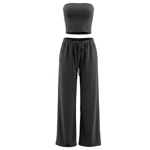 Viviblook D26ST119 Ensemble pantalon d'été pour femme Nouveau ensemble deux pièces décontracté couleur unie avec crop top sans bretelles et pantalon droit à cordon de serrage - Product Image 4