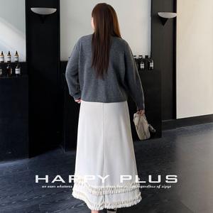 Jupe mi-longue en dentelle rétro Happy Plus, blanc cassé, grande taille, automne-hiver, décontractée, couleur unie, polyester N9306 - Product Image 4