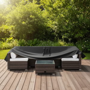 Housse de protection pour meubles d'extérieur, imperméable, en tissu Oxford, avec fermeture à cordon, noire, pour table et sièges de patio - Product Image 2