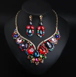 Cross-border Two-piece Crystal Jewel Earrings Wholesale Fancy Sets Jewelry Statement Necklace Set