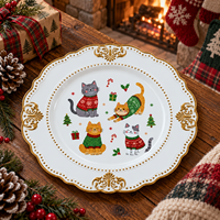 Assiette décorative élégante en plastique de 13 pouces, imprimée UV, chats de Noël avec bordure perlée dorée, pour la décoration de la maison et les tables de fête
