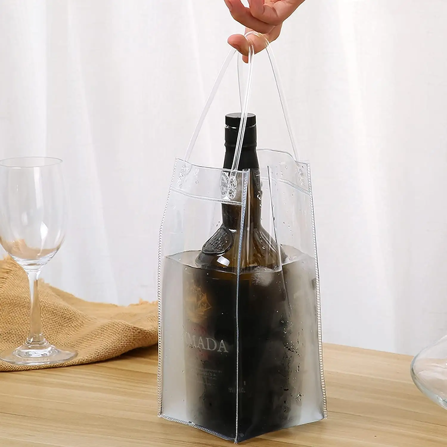 Taşınabilir temizle şeffaf PVC şarap buz torbası şarap kılıfı soğutucu saplı çanta buz torbası için şarap şişesi