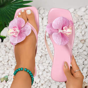 DA90 sandali piatti da donna infradito pantofole bellissimi fiori artificiali rosa phalaenopsis vendite dirette fabbrica grandi dimensioni 36-43 - Product Image 3