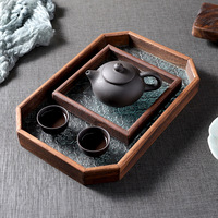 Ensemble de plateaux de rangement en bois multiformes à un niveau finition laquée design incrusté de verre pour les cérémonies de thé de cuisine