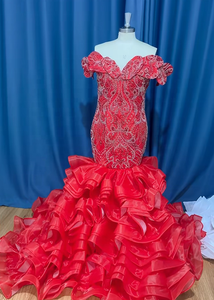 Robe de <span class=keywords><strong>mariée</strong></span> sirène africaine rouge perlée 2026, <span class=keywords><strong>grande</strong></span> <span class=keywords><strong>taille</strong></span>, épaules dénudées, avec traîne à volants superposés, pour soirée et cérémonie - Product Image 5
