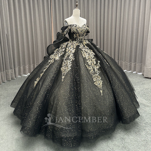 Thanh lịch tắt Vai Kim Loại ren appliques lấp lánh <span class=keywords><strong>Sequins</strong></span> Sheer vạt áo màu đen quinceanera Dresses lsmc54 - Product Image 4