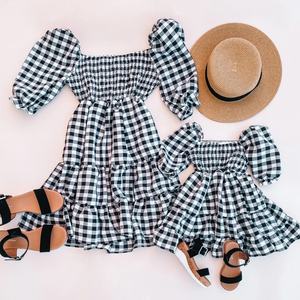 Nouveau été vacances vacances décontracté bouffée à volants manches évasées Plaid maman et moi tenues assorties robe - Product Image 2