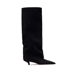 Stivali marroni alti al ginocchio personalizzati stivali lunghi tacco gatto di alta qualità a punta stivali skinny flip pelliccia in pelle smerigliata - Product Image 6